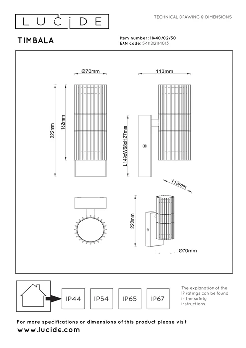 Lucide TIMBALA - Wandspot / Wandlamp Binnen/Buiten - 2xGU10 - IP44 - Zwart | Essential - technisch
